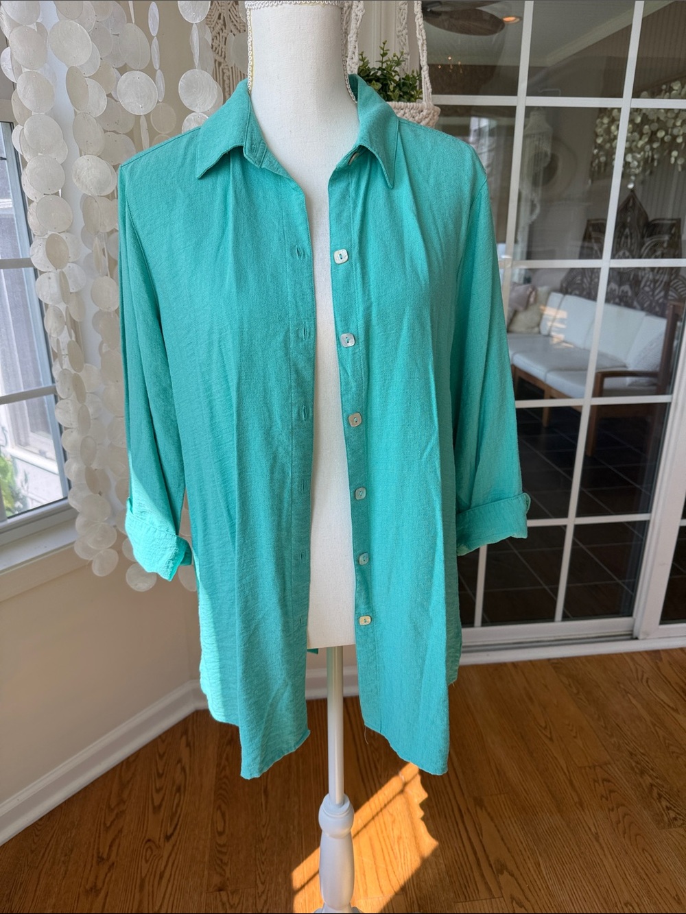 Linen Turquoise Lightweight Button down back Shirt - Teal